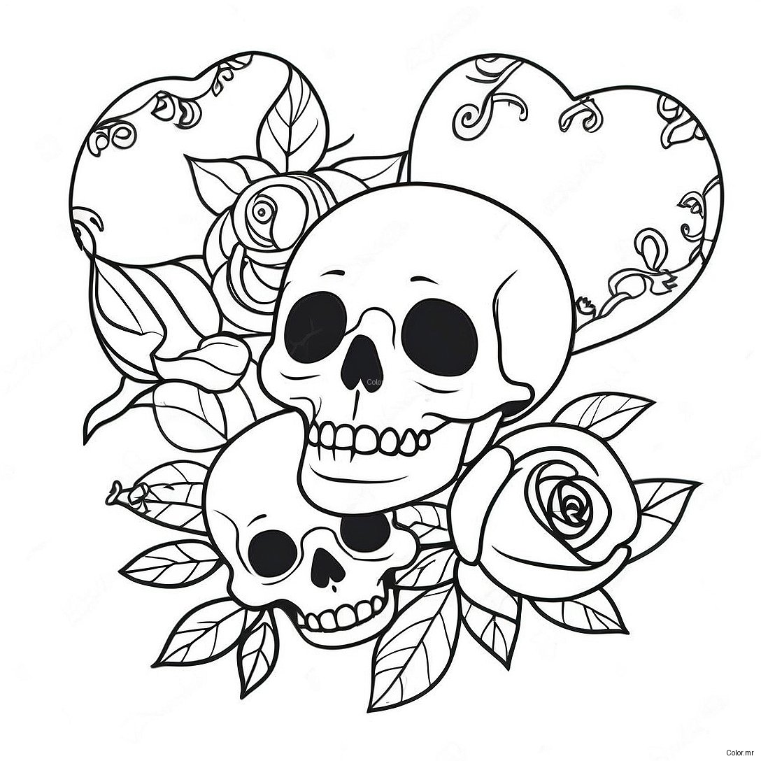 Gothic Love Skulls With Roses Coloring Page 16082 13579