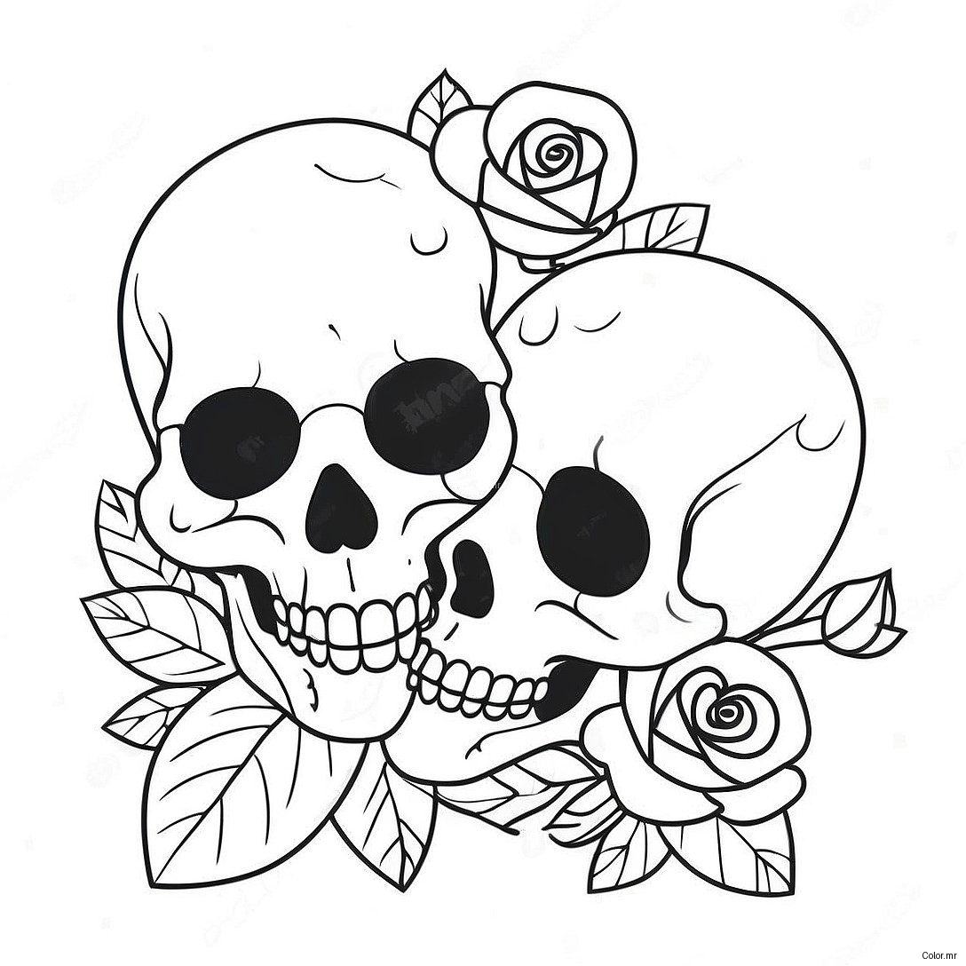 Gothic Love Skulls With Roses Coloring Page 16082 13580