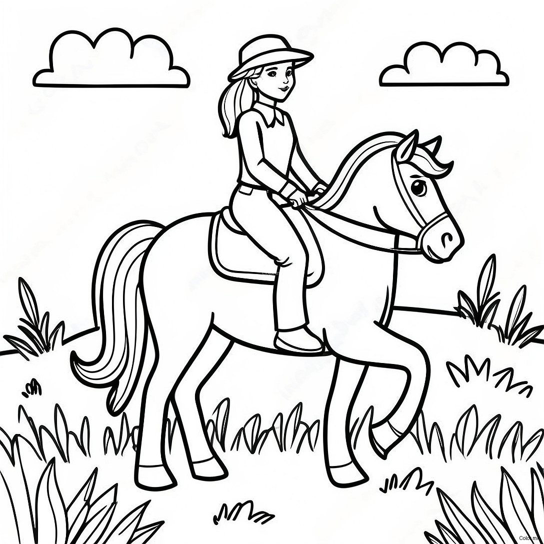 Realistic Girl Riding A Horse In A Meadow Coloring Page 47373 39410