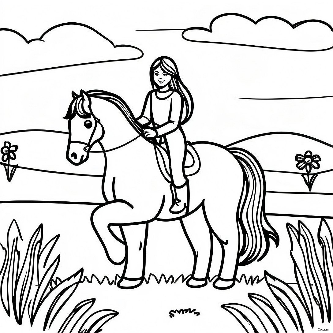 Realistic Girl Riding A Horse In A Meadow Coloring Page 47373 39411